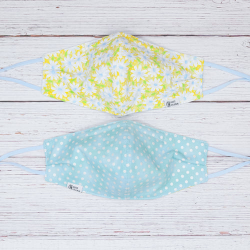 Daisy with Polka Dotted Light Blue Reversible Mask